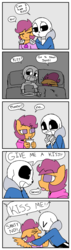 Size: 1000x3544 | Tagged: safe, artist:synnibear03, scootaloo, oc, oc:ponytale scootaloo, anthro, comic:ponytale, g4, crossover, crossover shipping, female, male, sans (undertale), scootasans, shipping, straight, undertale