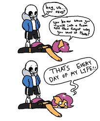 Size: 719x874 | Tagged: safe, artist:synnibear03, scootaloo, oc, oc:ponytale scootaloo, anthro, comic:ponytale, g4, duo, relatable, sans (undertale), undertale