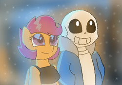 Size: 1113x781 | Tagged: safe, artist:synnibear03, scootaloo, oc, oc:ponytale scootaloo, anthro, comic:ponytale, g4, crossover, crossover shipping, female, male, sans (undertale), shipping, straight, undertale