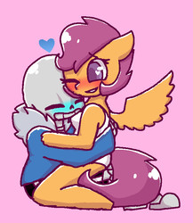 Size: 654x754 | Tagged: safe, artist:synnibear03, scootaloo, oc, oc:ponytale scootaloo, anthro, unguligrade anthro, comic:ponytale, g4, crossover, crossover shipping, downvote bait, female, male, sans (undertale), scootasans, shipping, straight, undertale