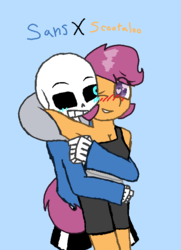 Size: 557x770 | Tagged: safe, artist:synnibear03, scootaloo, oc, oc:ponytale scootaloo, anthro, comic:ponytale, g4, blue background, blushing, crossover, crossover shipping, female, male, sans (undertale), scootasans, shipping, simple background, straight, undertale