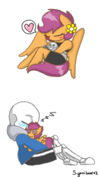 Size: 806x1442 | Tagged: safe, artist:synnibear03, scootaloo, oc, oc:ponytale scootaloo, anthro, comic:ponytale, g4, crossover, crossover shipping, female, male, plushie, sans (undertale), scootasans, shipping, straight, undertale