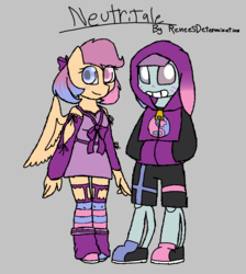 Size: 1118x1250 | Tagged: safe, artist:synnibear03, scootaloo, oc, oc:neutritale scootaloo, oc:ponytale scootaloo, anthro, unguligrade anthro, comic:ponytale, g4, clothes, dress, duo, gray background, neutritale, sans (undertale), simple background, undertale