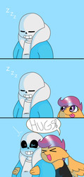 Size: 1130x2371 | Tagged: safe, artist:synnibear03, scootaloo, oc, oc:ponytale scootaloo, anthro, comic:ponytale, g4, crossover, crossover shipping, cute, female, hape, hug, male, sans (undertale), scootasans, shipping, straight, undertale, when you see it