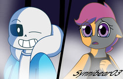 Size: 1023x660 | Tagged: safe, artist:synnibear03, scootaloo, oc, oc:ponytale scootaloo, anthro, comic:ponytale, g4, sans (undertale), undertale