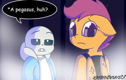 Size: 1248x793 | Tagged: safe, artist:synnibear03, scootaloo, oc, oc:ponytale scootaloo, anthro, comic:ponytale, g4, duo, sans (undertale), undertale