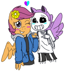 Size: 720x777 | Tagged: safe, artist:synnibear03, artist:twipiedash, scootaloo, oc, oc:ponytale scootaloo, anthro, comic:ponytale, g4, crossover, crossover shipping, fake wings, female, headband, male, pony ears, sans (undertale), scootasans, shipping, straight, undertale