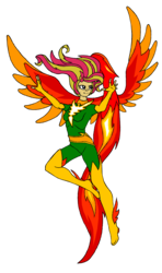 Size: 2233x3774 | Tagged: safe, artist:rexlupin, sunset shimmer, phoenix, g4, crossover, female, fiery shimmer, high res, jean grey, simple background, solo, sunset phoenix, the phoenix force, transparent background, x-men