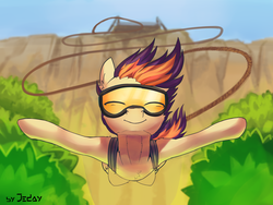 Size: 2000x1500 | Tagged: safe, artist:jedayskayvoker, oc, oc only, oc:zephyr leaf, pegasus, pony, bungee jumping, cliff, commission, eyes closed, falling, goggles, male, rope, smiling, solo, wings, ych result