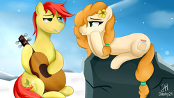 Size: 3840x2160 | Tagged: safe, artist:dashy21, bright mac, pear butter, earth pony, pony, g4, high res, snow