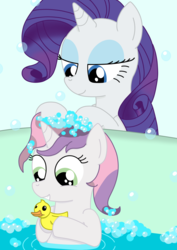 Size: 904x1280 | Tagged: safe, artist:diaperdude, rarity, sweetie belle, pony, unicorn, g4, bath, bubble, cute, diasweetes, female, rubber duck, sisters