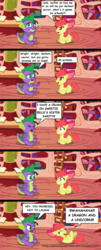 Size: 900x2224 | Tagged: safe, artist:aleximusprime, apple bloom, spike, dragon, earth pony, pony, g4, accent, blank flank, female, filly, golden oaks library, laughing, speech bubble, truth or dare