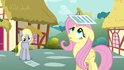 Size: 1280x720 | Tagged: safe, screencap, derpy hooves, fluttershy, pegasus, pony, g4, hurricane fluttershy, cute, derpabetes, female, floppy ears, looking up, mare, newspaper, shyabetes