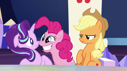 Size: 1280x720 | Tagged: safe, screencap, applejack, pinkie pie, starlight glimmer, g4, the crystalling, throne