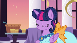 Size: 1920x1080 | Tagged: safe, screencap, twilight sparkle, alicorn, pony, g4, make new friends but keep discord, season 5, alternate hairstyle, beautiful, clothes, dress, eyes closed, female, folded wings, food, gala, gala dress, grand galloping gala, hair bun, jewelry, mare, necklace, smiling, solo, table, twilight sparkle (alicorn), wings