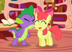 Size: 1024x746 | Tagged: safe, artist:aleximusprime, apple bloom, spike, earth pony, pony, g4, blank flank, cheek kiss, female, filly, foal, golden oaks library, kissing, male, ship:spikebloom, shipping, straight, truth or dare
