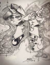 Size: 2354x3039 | Tagged: safe, artist:noey11843, nightmare moon, princess luna, pony, g4, bust, duality, high res, monochrome, portrait, traditional art