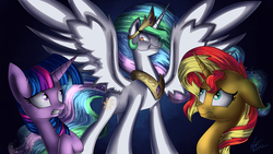 Size: 4096x2304 | Tagged: safe, artist:nightpaint12, princess celestia, sunset shimmer, twilight sparkle, alicorn, pony, unicorn, equestria girls, equestria girls specials, g4, my little pony equestria girls: better together, my little pony equestria girls: forgotten friendship, angry, crown, female, floppy ears, jewelry, mare, regalia, scared, twilight sparkle (alicorn), worried