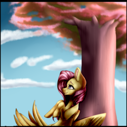 Size: 2000x2000 | Tagged: safe, artist:symphstudio, fluttershy, pegasus, pony, g4, cloud, female, high res, leaning back, mare, relaxing, sky, smiling, solo, tree