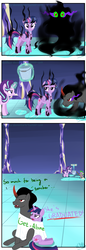 Size: 1000x2900 | Tagged: safe, artist:wolfkice, king sombra, spike, starlight glimmer, twilight sparkle, alicorn, pony, g4, angry, cleaning, comic, female, get along shirt, irritated, male, ship:twibra, shipping, straight, towel, twilight sparkle (alicorn), water, wet
