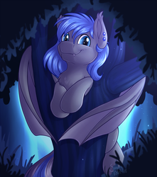 Size: 1134x1280 | Tagged: safe, artist:sugaryviolet, oc, oc only, oc:moonslurps, bat pony, pony, bat pony oc, commission, cute, cute little fangs, digital art, fangs, female, looking at you, male, mare, night, ocbetes, smiling, solo, tree