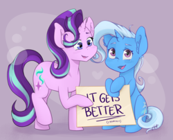Size: 1024x829 | Tagged: safe, artist:midnightpremiere, starlight glimmer, trixie, pony, unicorn, g4, cute, diatrixes, duo, female, glimmerbetes, it gets better, looking at you, mare, positive ponies, sign, sweet dreams fuel
