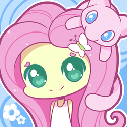 Size: 900x900 | Tagged: safe, artist:exceru-karina, fluttershy, mew, equestria girls, g4, chibi, clothes, crossover, cute, female, looking at you, pokémon, shyabetes, smiling, tank top