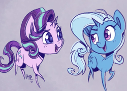 Size: 1045x752 | Tagged: safe, artist:midnightpremiere, starlight glimmer, trixie, pony, unicorn, g4, chibi, cute, diatrixes, duo, female, glimmerbetes, gray background, looking at each other, mare, simple background