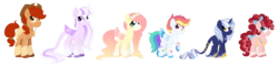 Size: 2781x680 | Tagged: safe, artist:strawberry-spritz, applejack, fluttershy, pinkie pie, rainbow dash, rarity, twilight sparkle, pony, g4, alternate design, bow, colored wings, hair bow, mane six, multicolored wings, simple background, tail bow, tail feathers, transparent background