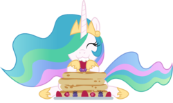 Size: 1000x597 | Tagged: safe, artist:cloudyglow, princess celestia, pony, :3, cute, cutelestia, eating, eyes closed, female, food, mare, pancakes, simple background, smiling, solo, transparent background