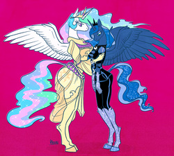 Size: 1200x1080 | Tagged: safe, artist:ursa, princess celestia, princess luna, alicorn, anthro, unguligrade anthro, g4, ass, asymmetrical docking, butt, clothes, dress, female, frown, gloves, gradient background, hug, lidded eyes, looking down, needs more saturation, pants, pink background, royal sisters, see-through, simple background, size difference, socks, sparkles, spread wings, sunbutt, thigh highs, wing fluff, wings