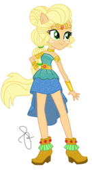 Size: 277x513 | Tagged: safe, artist:ilaria122, artist:selenaede, part of a set, applejack, equestria girls, g4, alternate hairstyle, ankle boots, boots, clothes, dress, element of honesty, female, freckles, geode of super strength, guardian, ponied up, shoes, simple background, smiling, solo, transparent background