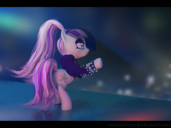 Size: 960x720 | Tagged: safe, artist:aschenstern, coloratura, earth pony, pony, g4, the mane attraction, audience, bipedal, clothes, countess coloratura, female, letterboxing, mare, rearing, stage, veil, widescreen