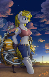 Size: 2000x3163 | Tagged: safe, artist:1jaz, oc, oc:white heart, unicorn, anthro, semi-anthro, unguligrade anthro, arm hooves, belt, breasts, cleavage, clothes, female, fingerless gloves, gloves, hand, high res, mare, midriff, motorcycle, rule 63, short pants, signature, sports bra, sunrise, ych result