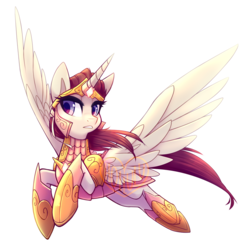Size: 800x807 | Tagged: safe, artist:meekcheep, oc, oc only, alicorn, pony, buck legacy, armor, crown, female, flying, jewelry, looking at you, mare, regalia, simple background, solo, white background