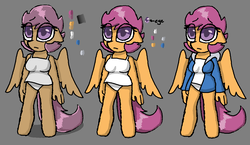 Size: 1126x655 | Tagged: safe, artist:synnibear03, scootaloo, oc, oc only, oc:ponytale scootaloo, anthro, unguligrade anthro, comic:ponytale, g4, camisole, clothes, female, gray background, jacket, panties, simple background, solo, underwear, white underwear