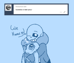 Size: 924x792 | Tagged: safe, artist:synnibear03, scootaloo, oc, oc:ponytale scootaloo, anthro, comic:ponytale, g4, best pony, crossover, crossover shipping, female, male, monochrome, sans (undertale), scootasans, shipping, straight, undertale