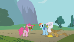 Size: 1280x720 | Tagged: safe, screencap, gilda, pinkie pie, rainbow dash, griffon, g4, griffon the brush off