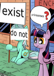 Size: 382x540 | Tagged: safe, edit, editor:autism spirit, lyra heartstrings, twilight sparkle, alicorn, pony, unicorn, g4, confused, female, frown, glare, hoof hold, lyra's sign meme, mare, question mark, raised eyebrow, sign, speech bubble, twilight sparkle (alicorn), wat