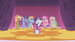 Size: 1280x720 | Tagged: safe, screencap, applejack, fluttershy, pinkie pie, rainbow dash, rarity, twilight sparkle, g4, suited for success, clothes, dress, female, gala dress, mane six