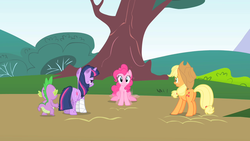 Size: 1280x720 | Tagged: safe, screencap, applejack, pinkie pie, spike, twilight sparkle, dragon, earth pony, pony, unicorn, feeling pinkie keen, g4, my little pony: friendship is magic, butt, female, male, mare, plot, sitting