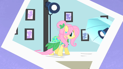 Size: 1280x720 | Tagged: safe, screencap, fluttershy, pony, g4, green isn't your color, my little pony: friendship is magic, clothes, dress, female, polaroid, solo