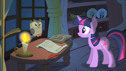 Size: 1280x720 | Tagged: safe, screencap, owlowiscious, twilight sparkle, bird, owl, pony, unicorn, g4, owl's well that ends well, book, candle, duo, female, fire, golden oaks library, looking at each other, male, mare, quill, scroll, unicorn twilight, window