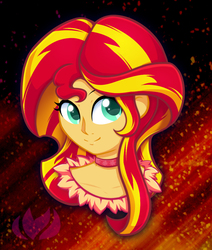 Size: 800x944 | Tagged: safe, artist:raininess, sunset shimmer, equestria girls, g4, choker, clothes, female, off shoulder, shirt, smiling, solo