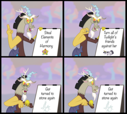 Size: 3242x2921 | Tagged: safe, artist:aleximusprime, discord, twilight sparkle, draconequus, pony, unicorn, g4, the return of harmony, comic, despicable me, female, gru's plan, high res, looking at you, male, mare, meme, reference