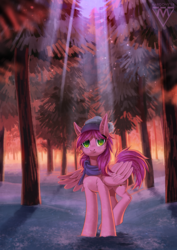 Size: 900x1273 | Tagged: safe, artist:margony, oc, oc only, pegasus, pony, clothes, commission, female, forest, hat, looking at you, mare, scarf, scenery, snow, solo, tree, winter