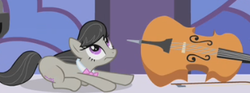 Size: 335x125 | Tagged: safe, screencap, octavia melody, earth pony, pony, g4, the best night ever, cello, cropped, female, looking up, mare, musical instrument, prone, solo