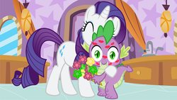 Size: 5681x3203 | Tagged: safe, artist:3d4d, rarity, spike, pony, unicorn, g4, bouquet, female, flower, he knows, kiss mark, male, ship:sparity, shipping, straight