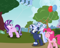 Size: 7500x5982 | Tagged: safe, artist:mundschenk85, pinkie pie, starlight glimmer, oc, oc:silverlay, earth pony, original species, pony, umbra pony, unicorn, g4, ^^, absurd resolution, balloon, eyes closed, female, kite, magic, mare, show accurate