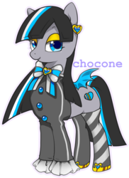 Size: 1681x2315 | Tagged: safe, artist:chocone, oc, oc only, bat pony, pony, adoptable, bat pony oc, bat wings, bow, bowtie, button, clothes, color outline, ear piercing, earring, eyelashes, eyeshadow, female, heart, jewelry, lidded eyes, makeup, mare, mismatched socks, multicolored hair, piercing, ribbon, shirt, shoes, signature, simple background, small wings, smiling, socks, solo, spread wings, striped socks, text, transparent background, wings